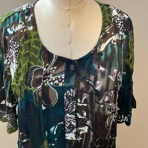 Roaman's Floral Button Front Blouse in Green, Teal, Black